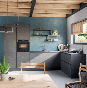 keuken Rodez beton grijs hoekkeuken met apparatuur zwart aluminium