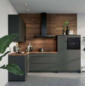 Keuken empoli grafietzwart hoekkeuken met hout design met zwarte keukenapparatuur