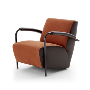 fauteuil scylla in duostoffering stof oranje met leder bruin met leren armleggers leolux design cruquius