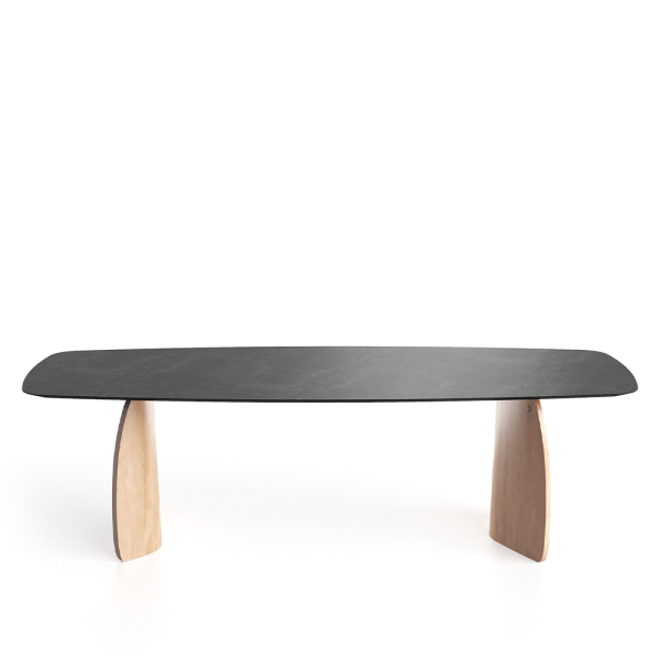 Design tafel ovaal eettafel dolmen in keramiek zwart met hout van mobitec cruquius