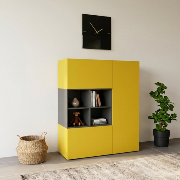 Interstar Wandkast Solitair P600 in gele lak met open vakken.