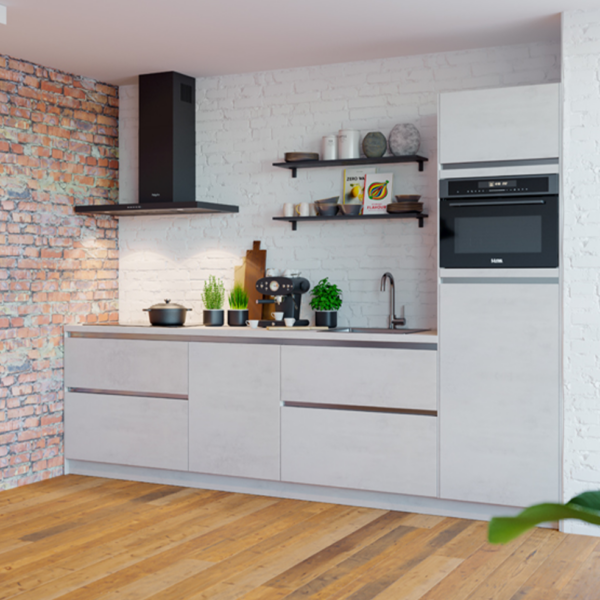 keuken Rodez betongrijs recht met apparatuur zwart aluminium