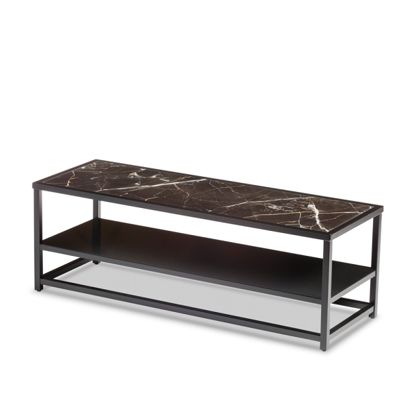 tv meubel Vetro Marrone van het merk designwerk met een marmeren glas en zwart metalen poten
