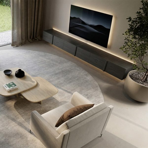 Zwevend tv meubel met televisie zwevend in donkerhout met led verlichting