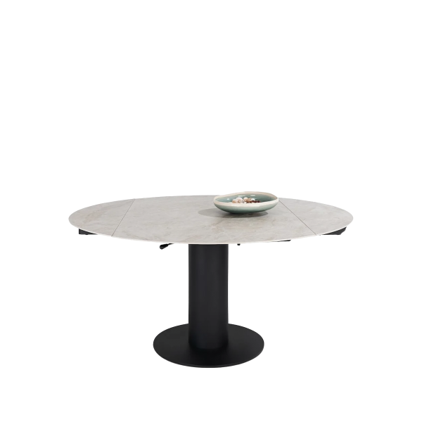 uitschuiftafel Avellino, keramische eettafel, ronde design tafel, uitschuifbare eettafel, tafel met centrale poot, crème eettafel, moderne keramiek tafel Uitschuiftafel Avellino met keramisch blad in crème, centrale metalen designpoot en twee verlengstukken – uitschuiftafel Avellino, keramische eettafel, ronde design tafel, uitschuifbare eettafel, tafel met centrale poot, crème eettafel, moderne keramiek tafel