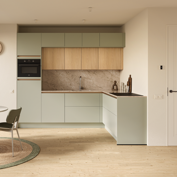 Keuken Sevilla - Stanford in jade groen met eiken accenten en composiet werkblad in moderne hoekopstelling