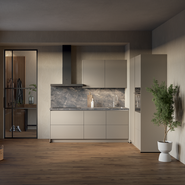 Keuken Mira Bruin met warme kasjmierbruine tinten en complete inbouwapparatuur