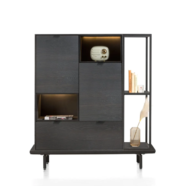 Xooon Elements highboard met boekenkast en platform in onyx met open vakken en LED-verlichting