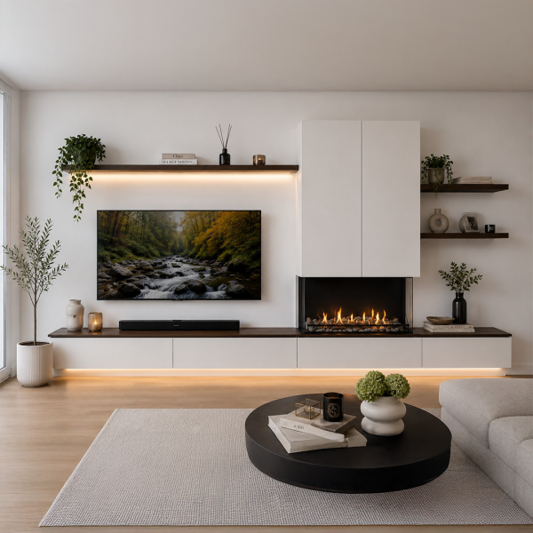 Moderne maatwerk wandcombinatie van Interstar met Kalfire E-One 100S Dual HD holografische haard, zwevend tv-meubel en geïntegreerde LED-verlichting.