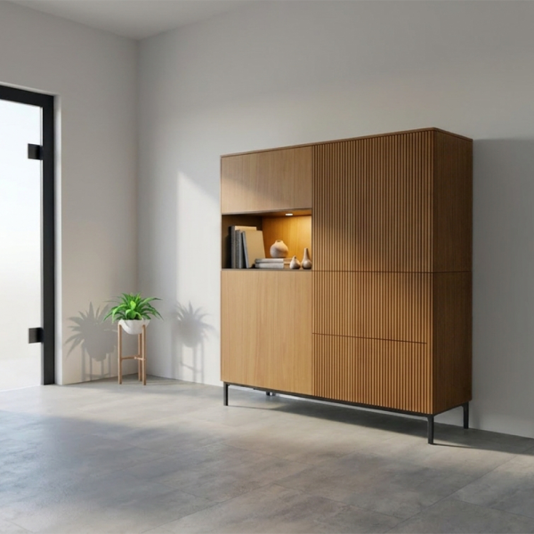 wandkast ron 21, ron 21, saunaco, wandkast, design kast, opbergkast, houten kast, moderne kast, luxe kast, belgisch design, design meubel, kast met verlichting, woonkamer kast, hal kast, opbergmeubel, modulaire kast, maatwerk kast, houten opbergkast, sfeervolle kast, interieur design, eigentijds wonen, design opbergkast, saunaco ron collectie, kast met laden, hoge kast