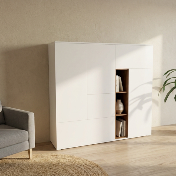 Interstar Wandkast Solitair P500 in alpine wit met open notenhouten vak.