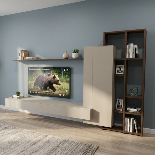 Moderne Interstar wandcombinatie S76 met zwevend tv-meubel, hoge opbergkast, open vakkenkast en wandplank in maatwerk.