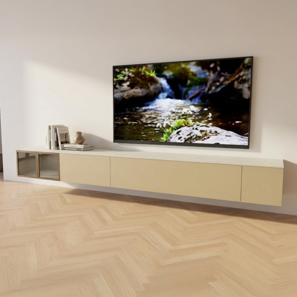 Alt Lowboard van Saunaco met zwevend design, open vakken en volledig op maat samen te stellen indeling.