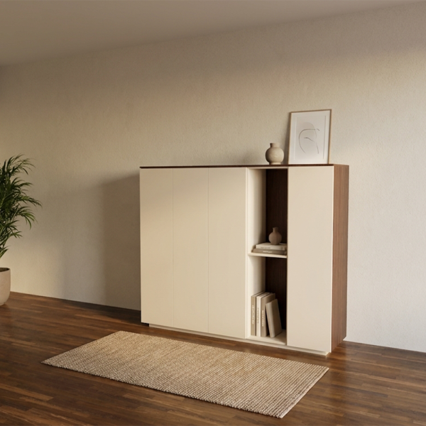 Highboard Alt 004 van Saunaco met minimalistisch design, open nis en volledig op maat samen te stellen indeling.