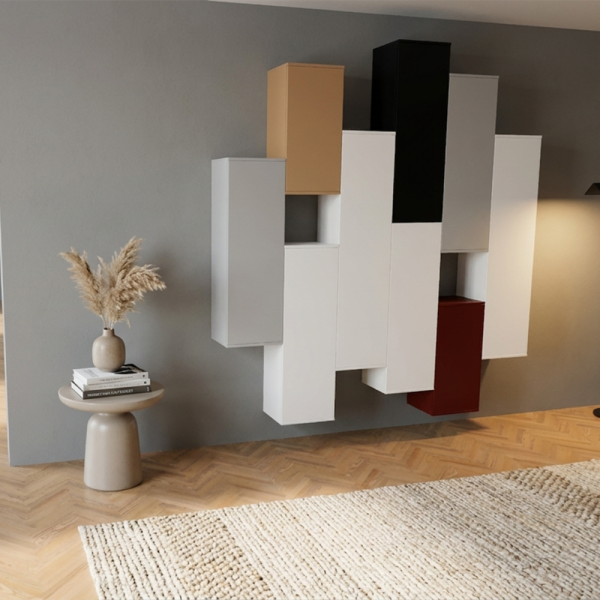 Wandkast Alt 034 van Saunaco met zwevende modulaire kastelementen, open vakken en een volledig op maat samen te stellen ontwerp.