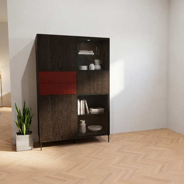 Wandkast BARRAS van Saunaco in donker hout met verticale belijning, open vakken, verlichting en een rood kleuraccent.