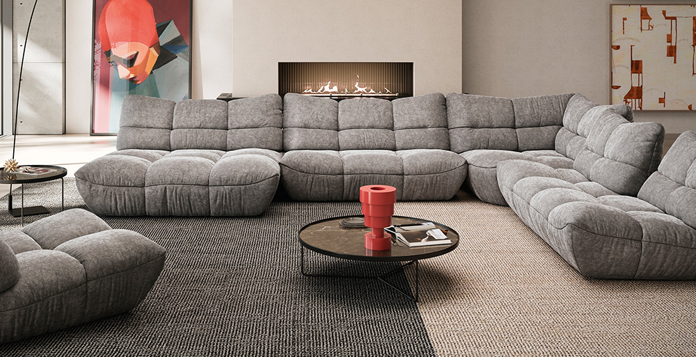 Elementenbank Passion van Designwerk in grijze stof als royale modulaire hoekopstelling.
